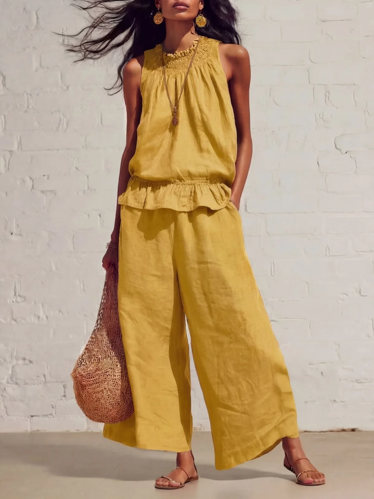 Summer Sleeveless Suit Fashion Ruffled Vest Top and Straight-leg Pants Women's Two-piece Set
