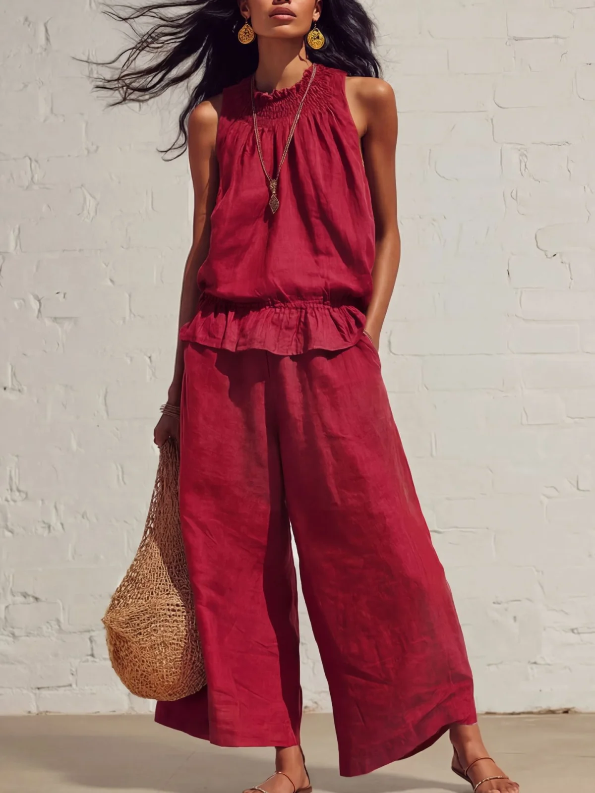Summer Sleeveless Suit Fashion Ruffled Vest Top and Straight-leg Pants Women's Two-piece Set