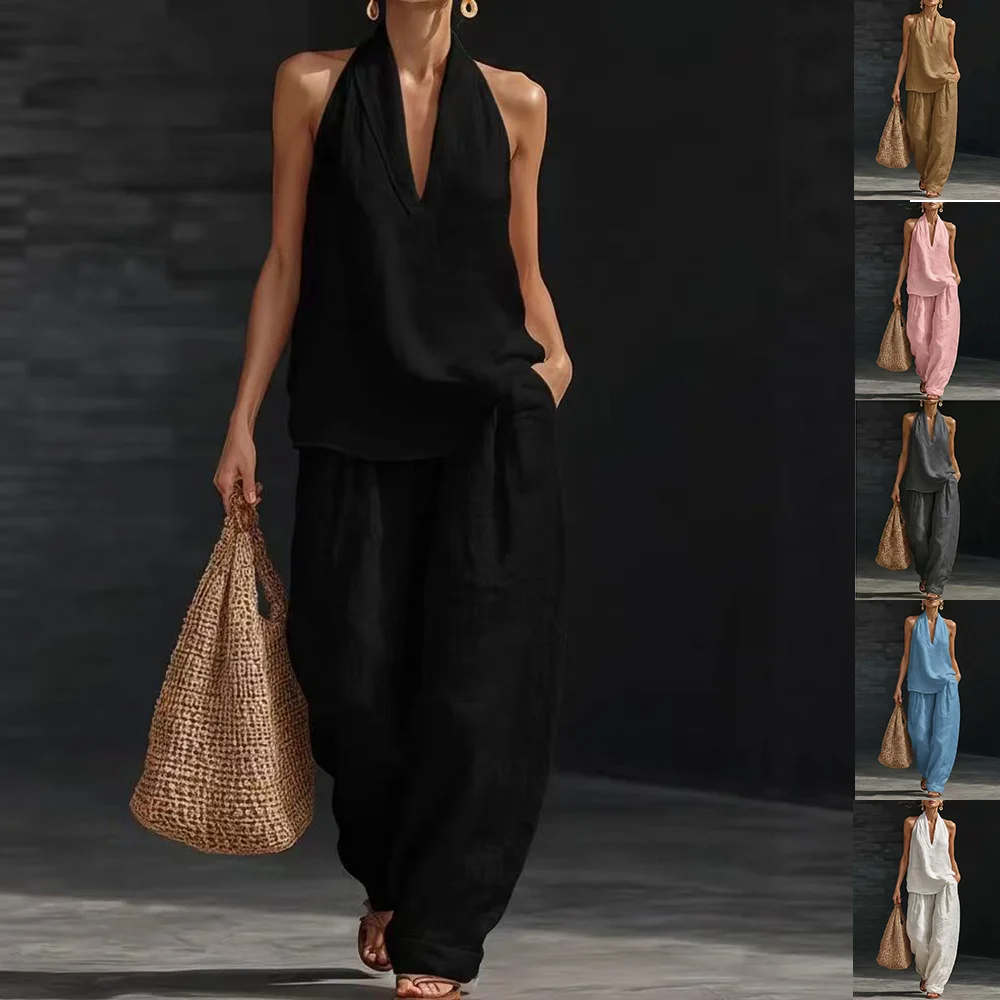 Summer Sleeveless Suits V-neck Halter Top and Wide-leg Pants Fashion Casual Straight Trousers Set