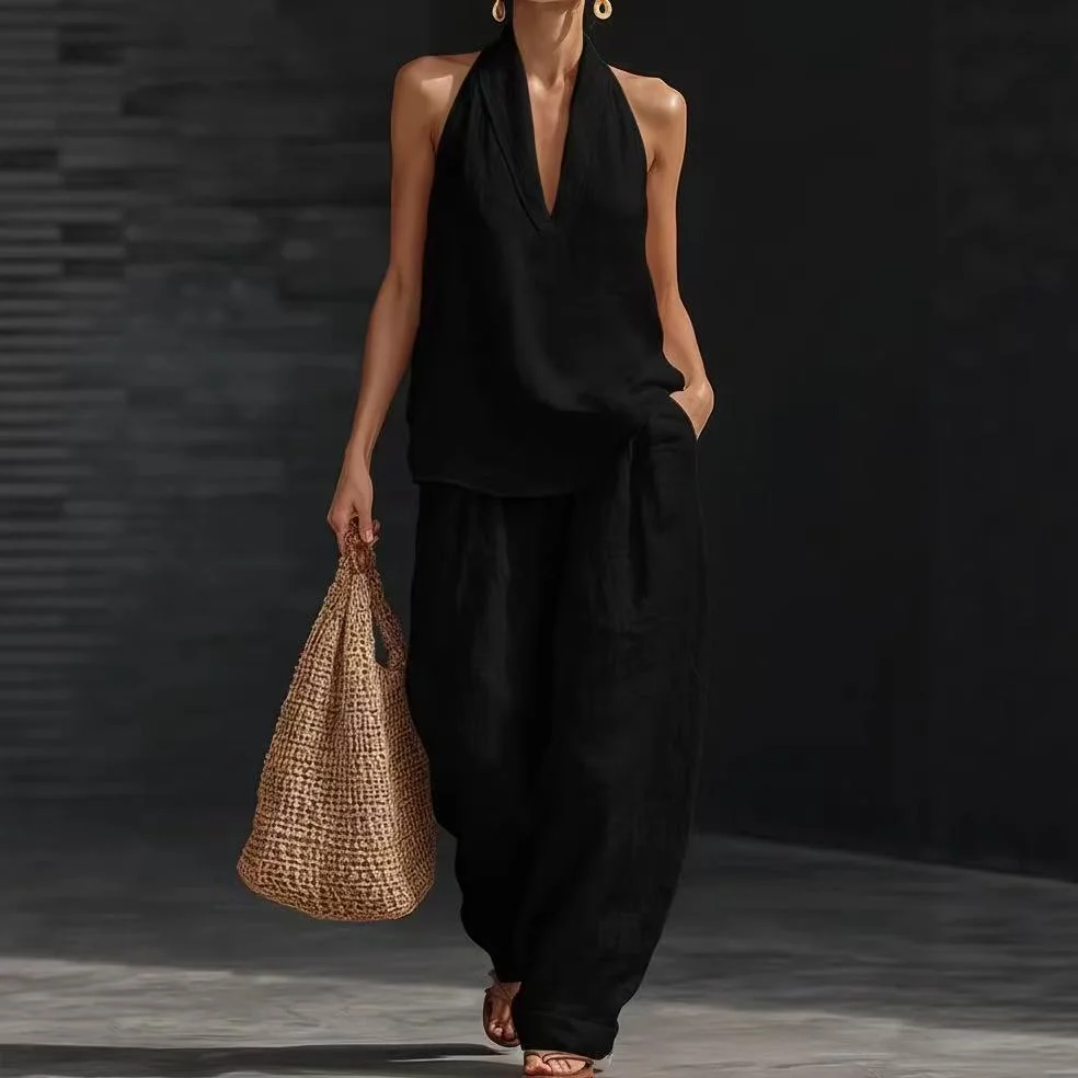 Summer Sleeveless Suits V-neck Halter Top and Wide-leg Pants Fashion Casual Straight Trousers Set