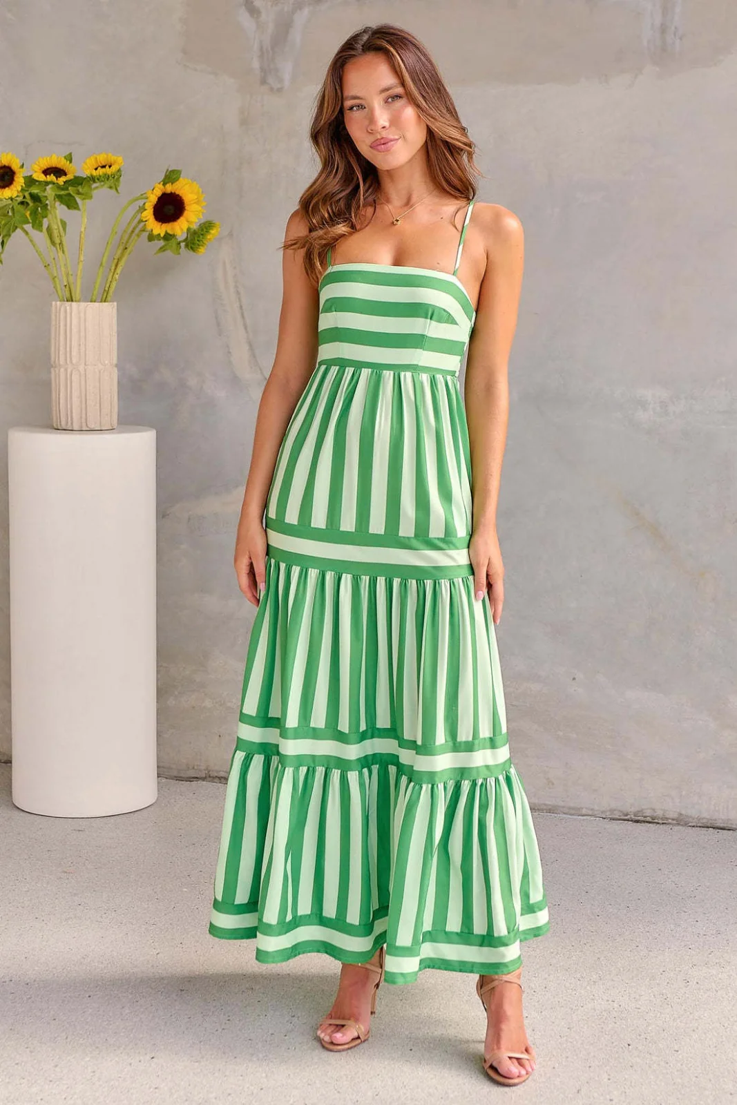 Summer Striped Printed Suspender Long Dress with Pockets Fashion Square Neck Backless Dresses for Beach Vacation Women Clothing