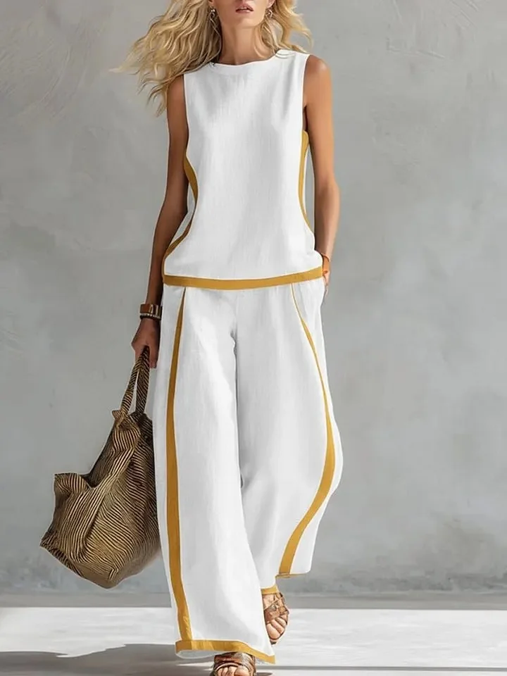 Summer Suits Round-neck Sleeveless Vest Top and High-waist Wide-leg Pants Casual Loose Set