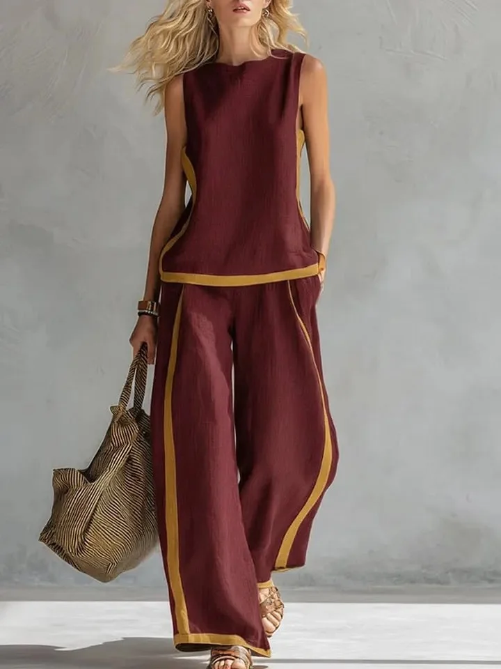 Summer Suits Round-neck Sleeveless Vest Top and High-waist Wide-leg Pants Casual Loose Set