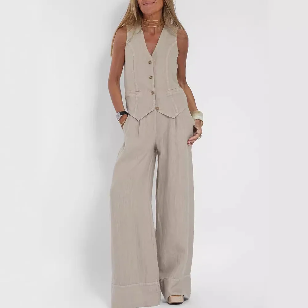 Summer Vest Suits V-neck Botton Sleeveless Top and Loose Straight Trousers Casual Womens Clothing