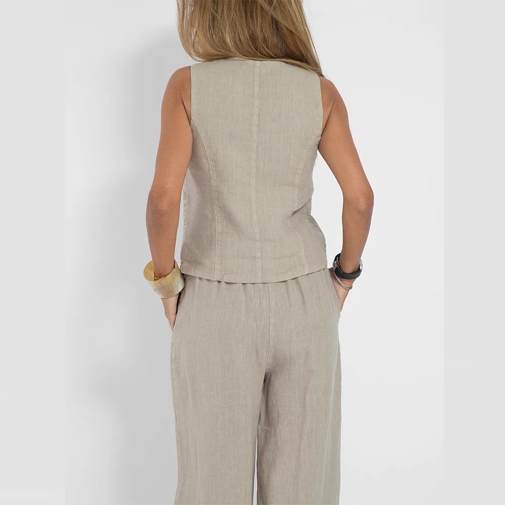 Summer Vest Suits V-neck Botton Sleeveless Top and Loose Straight Trousers Casual Womens Clothing