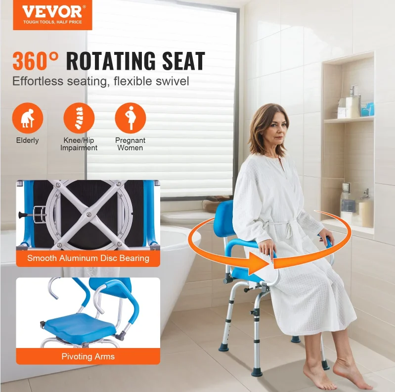 Swivel Shower Chair 360 Degree, Adjustable Shower Seat with Pivoting Arms & Padded Bath Seat for Inside Shower or Tub, Non-slip Rotating Bathtub Chair for Elderly Disabled, 300lbs Capacity