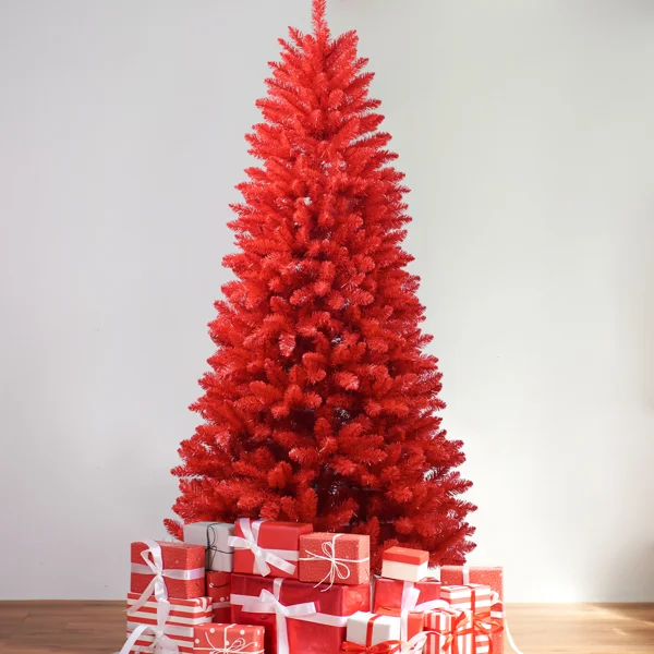 T3637p3398087ft Red Christmas Tree Pure Red Pvc Tree with 1066 Tips, Hinged Branches for Easy Setup, Stable Metal Stand, Bold Holiday Decoration
