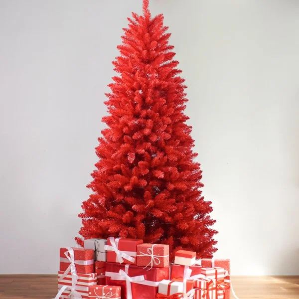 T3637p3398087ft Red Christmas Tree Pure Red Pvc Tree with 1066 Tips, Hinged Branches for Easy Setup, Stable Metal Stand, Bold Holiday Decoration