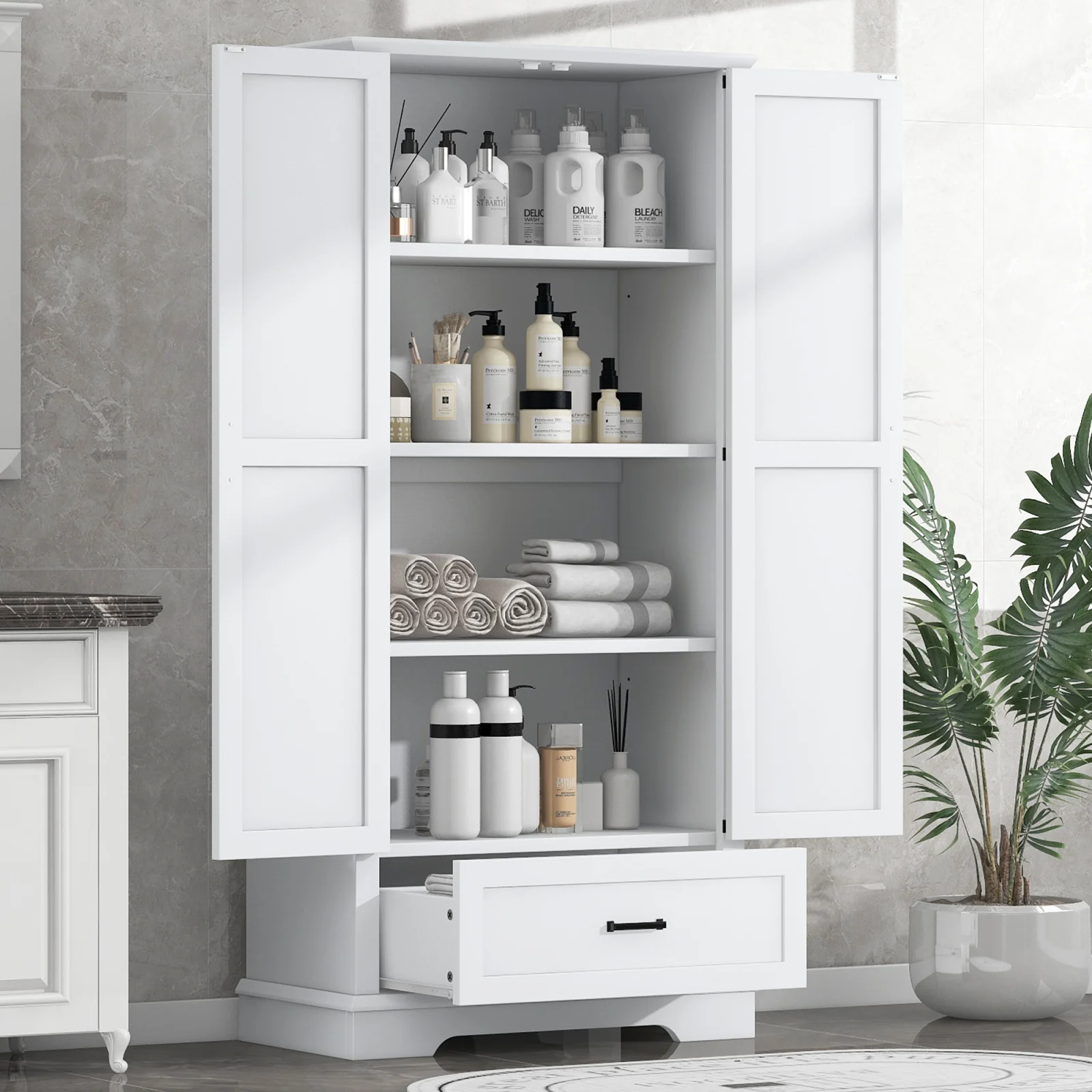Tall Bathroom Storage Cabinet, Cabinet with Two Doors and One Drawer, Adjustable Shelf, Mdf Board, White