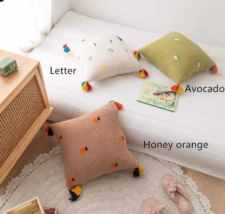 Teddy Velvet Embroidered Tassel Comfortable Soft Pillow