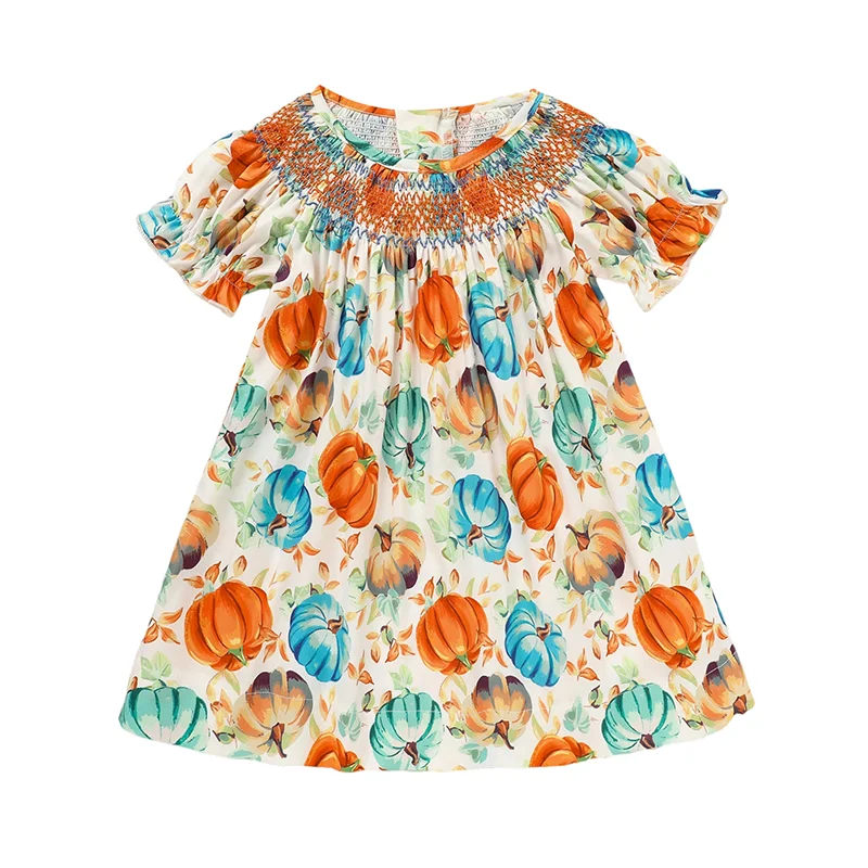 Toddler Girl Pumpkin Smocked Dress with Embroidered Motifs for Fall Parties