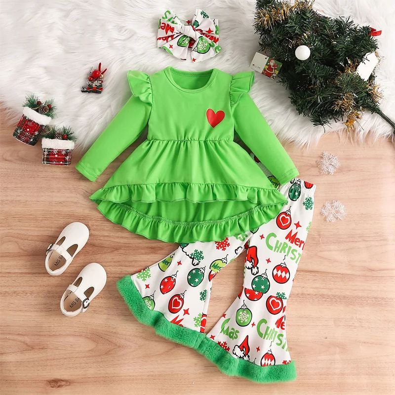 Toddler Girl 2‑Piece Set: Ruffle‑Hem Tunic Top & Christmas Print Flare Pants – Spring/Fall