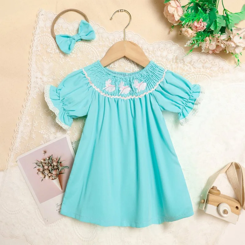 Toddler girl bunny dress with ruffle sleeves and headband – soft embroidered summer outfit