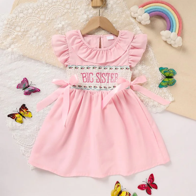 Toddler Girl Pink Ruffle Sleeve Dress with Letter Embroidery, Bow Detail and Back Button Closure