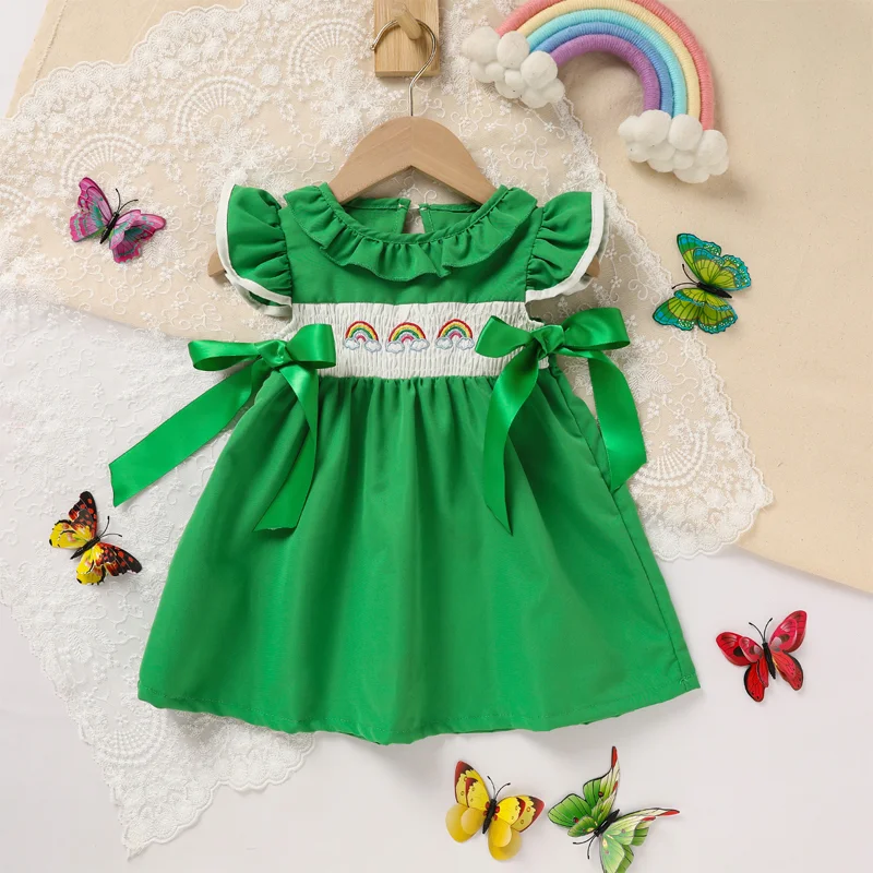 Ruffle Sleeve Dress with Rainbow Embroidery and Bow Detail for Toddler Girls