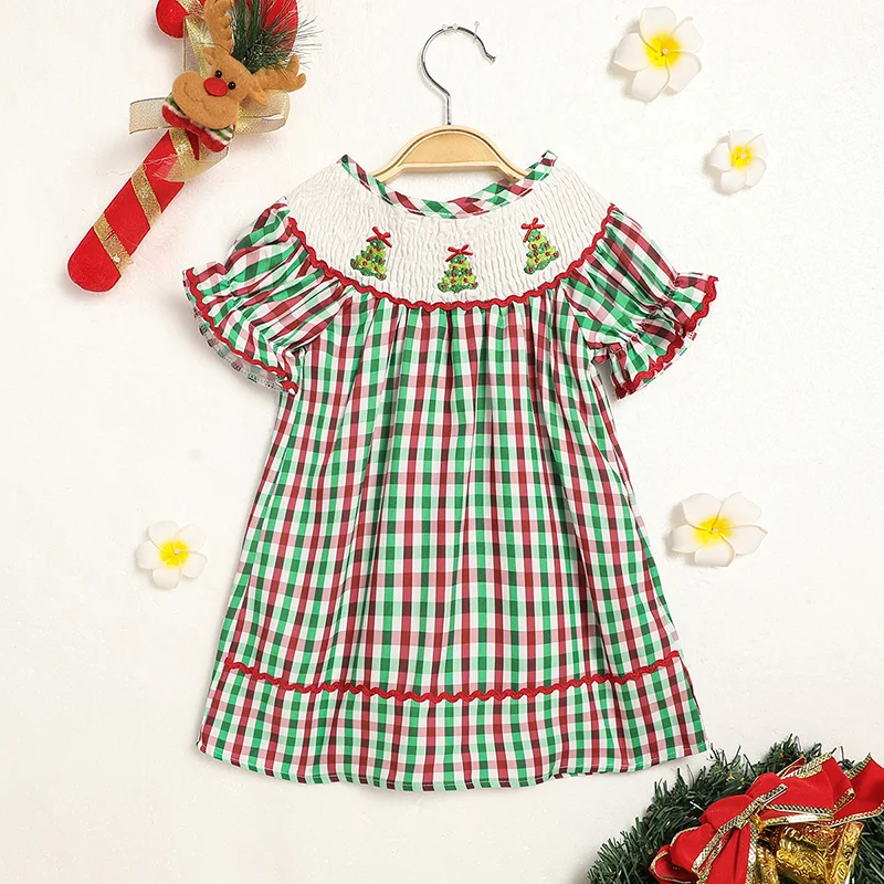 Toddler Christmas Tree Embroidered Dress – Soft Short‑Sleeve Plaid for Baby Girls