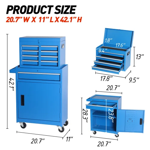 5-Drawer Rolling Tool Cabinet with Detachable Top Box, Blue Steel Garage Organizer