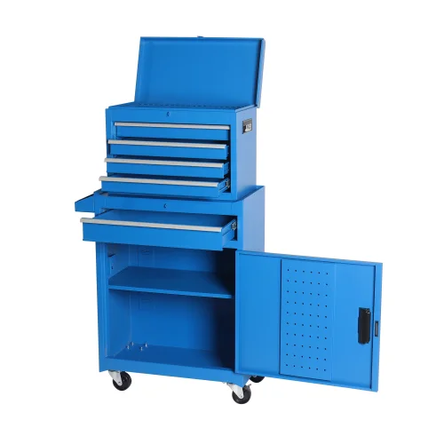 5-Drawer Rolling Tool Cabinet with Detachable Top Box, Blue Steel Garage Organizer