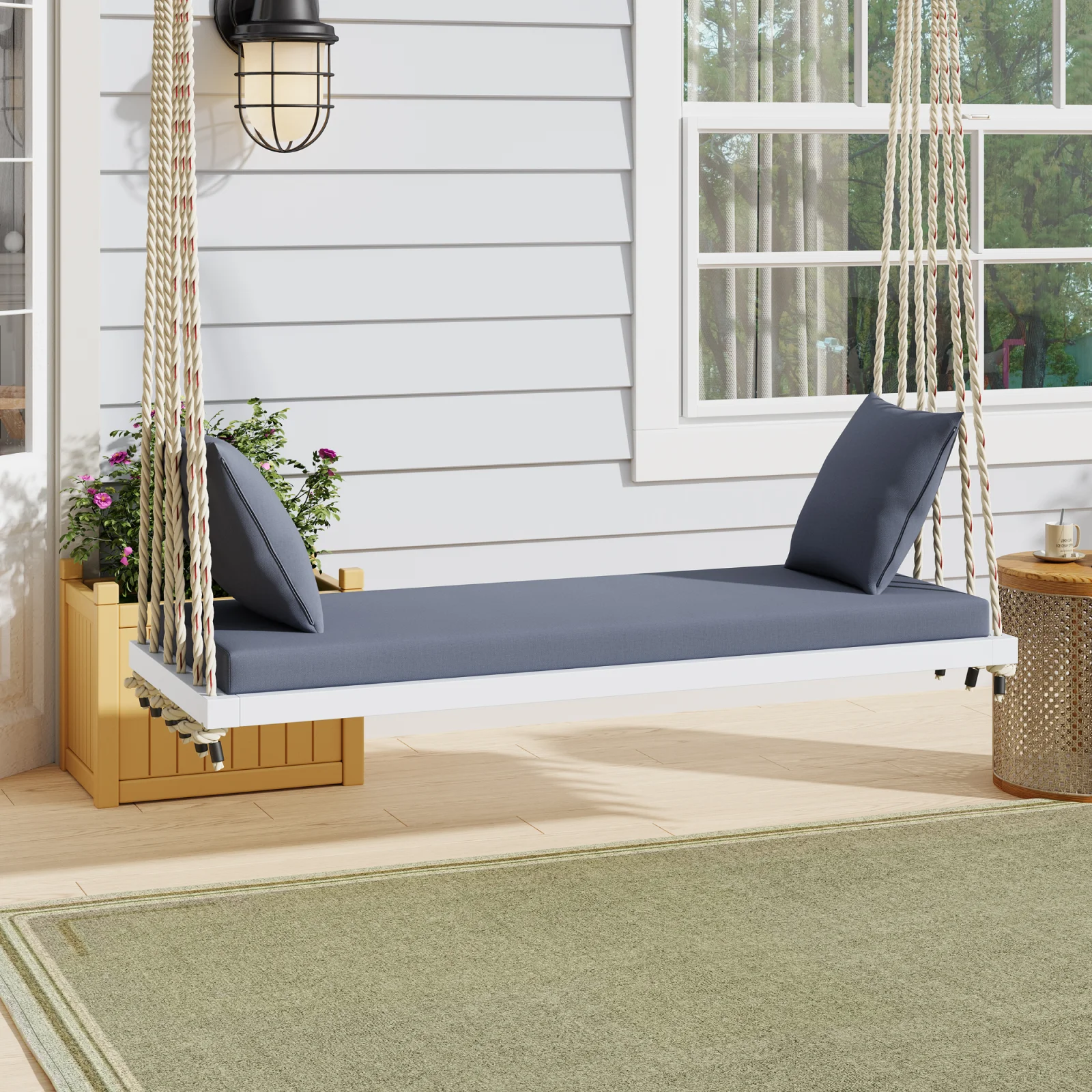 Topmax Patio Wooden Swing Chair Hanging Porch Swing Bench with Cushion&pillows 10.8ft Hemp Ropes for Garden Lawn White