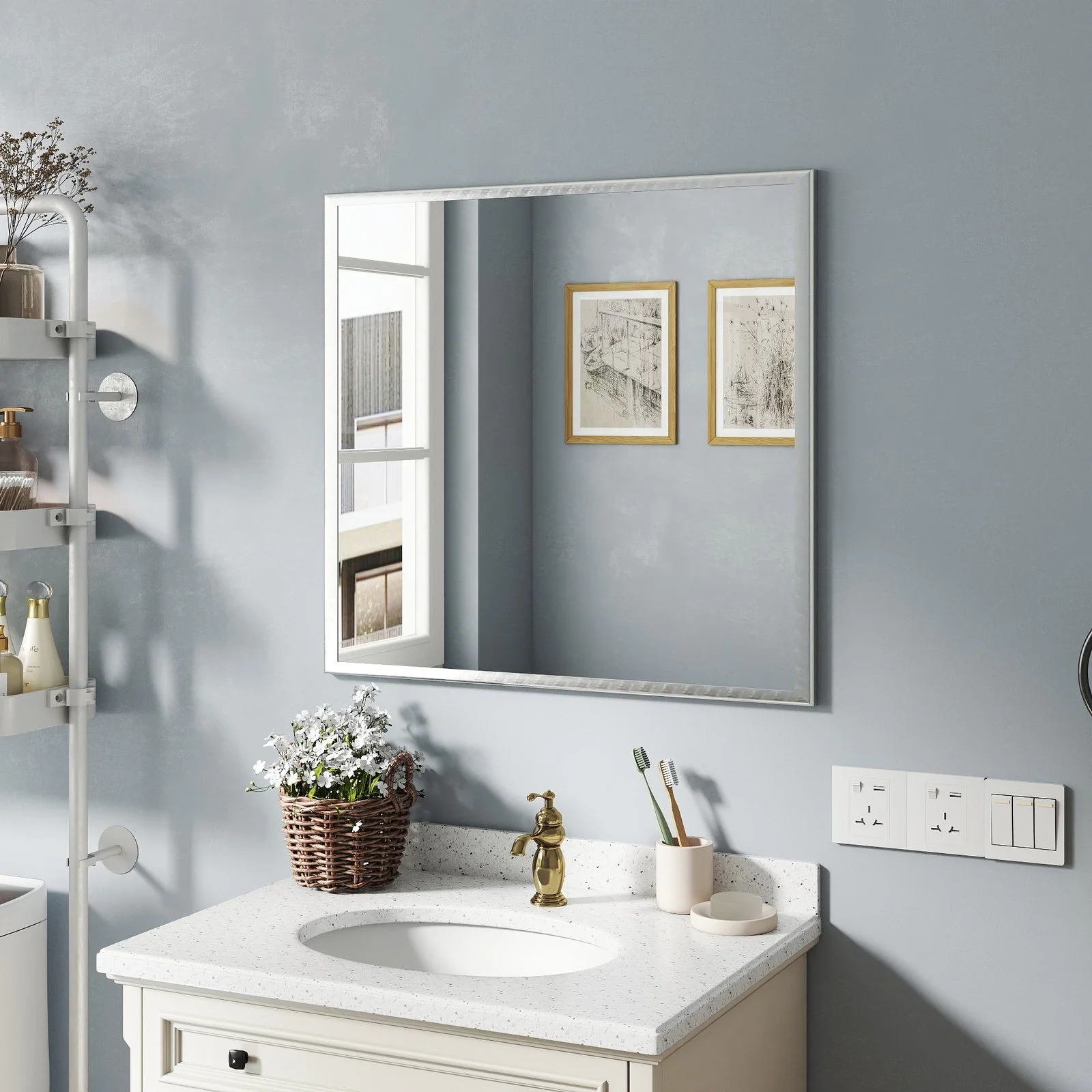 Transform Your Bathroom with This Stunning 32-inch Aluminum Silver Mirror