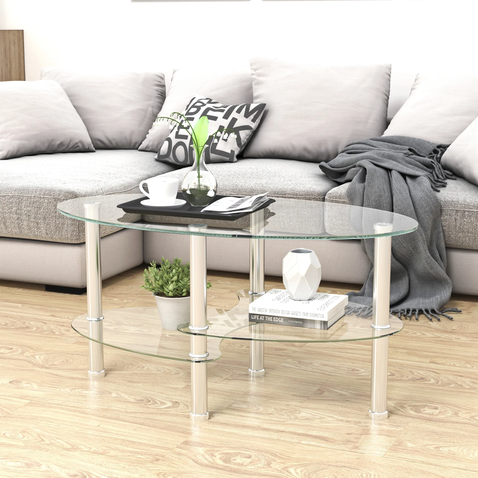 Transparent Oval Glass Coffee Table, Modern Table with Stainless Steel Leg, Tea Table 3-layer Glass Table for Living Room