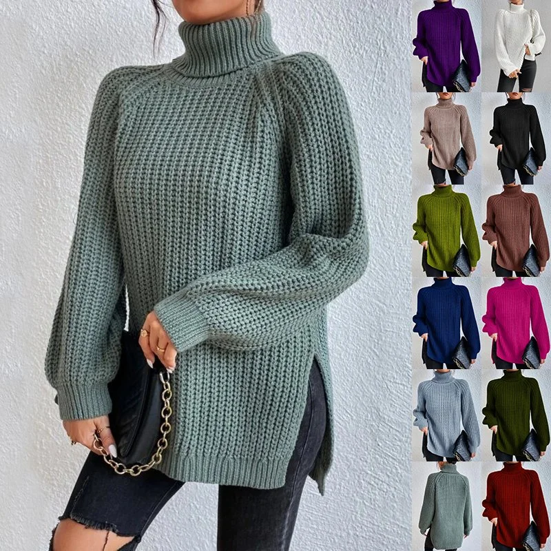 Turtleneck Pullover Sweater with Split Design Fashion Simple Solid Color Long Sleeve Tops Women's Clothing