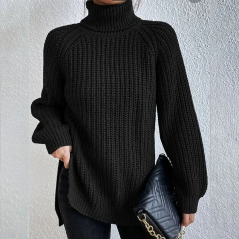 Turtleneck Pullover Sweater with Split Design Fashion Simple Solid Color Long Sleeve Tops Women's Clothing
