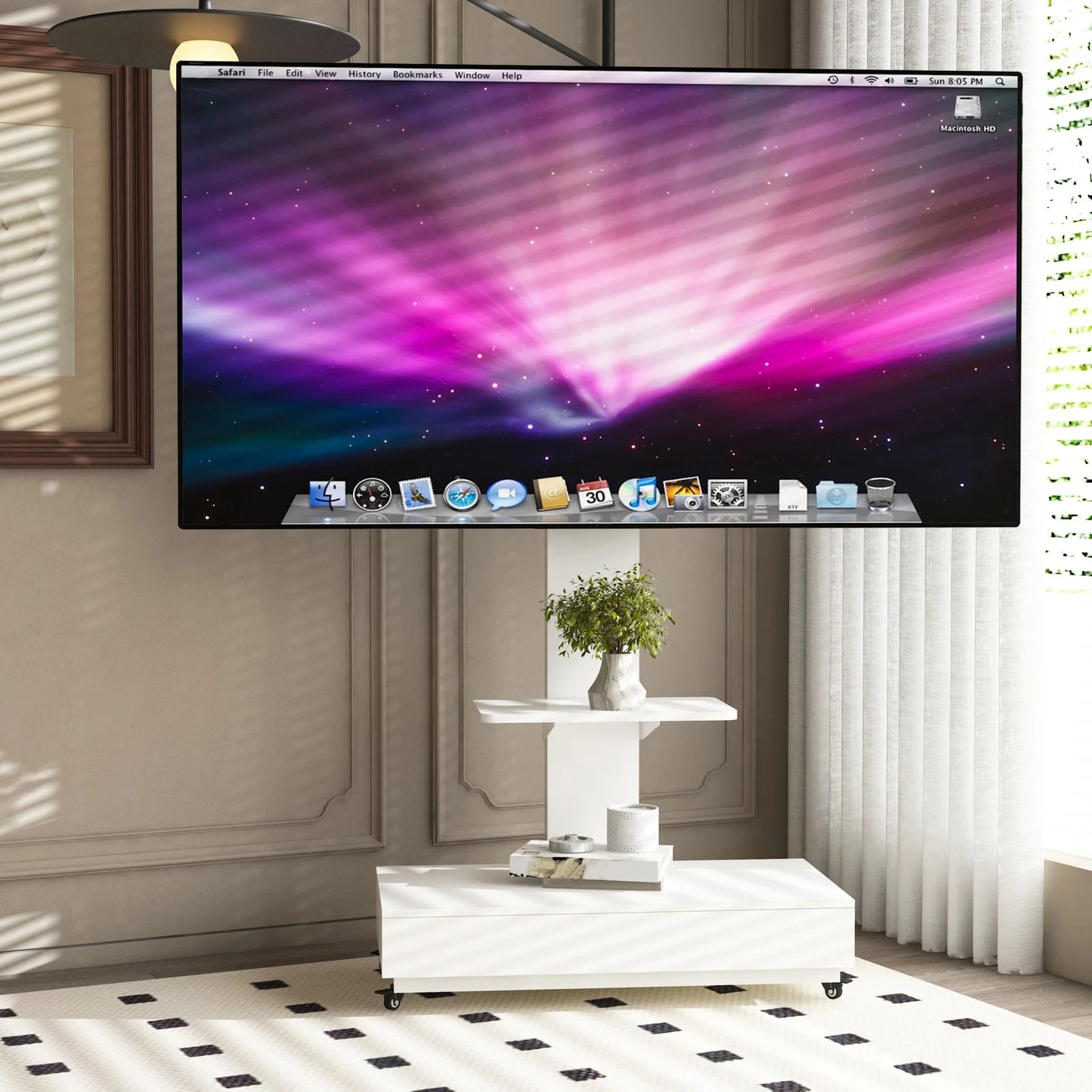 Tv Stand with Push-pull Drawer for Living Room, Bedroom,offices,adjustable Height Mobile Tv Cart for 32-75 Inches,tv Stand with Wheels,white