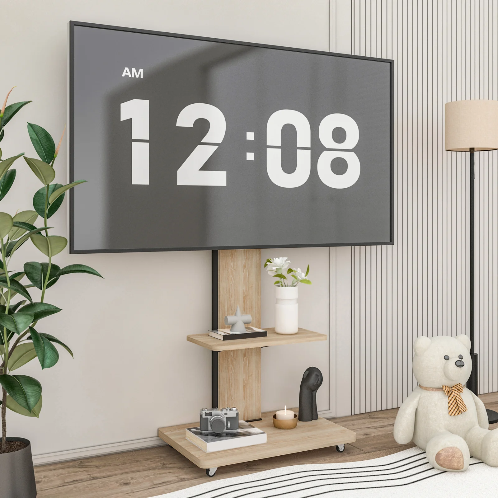 Tv Stand with Shelf for Living Room, Bedroom,offices,mobile Tv Cart for 32-75 Inches,floor Stand with Mount on Lockable Wheels,natural