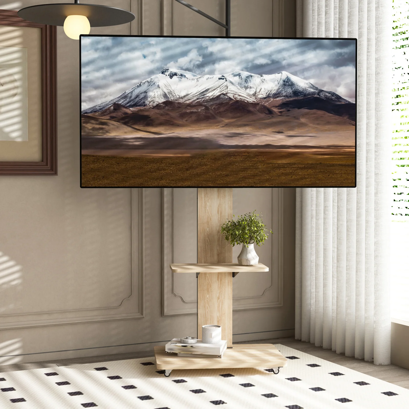 Tv Stand with Shelf for Living Room, Bedroom,offices,mobile Tv Cart for 32-75 Inches,floor Stand with Mount on Lockable Wheels,natural
