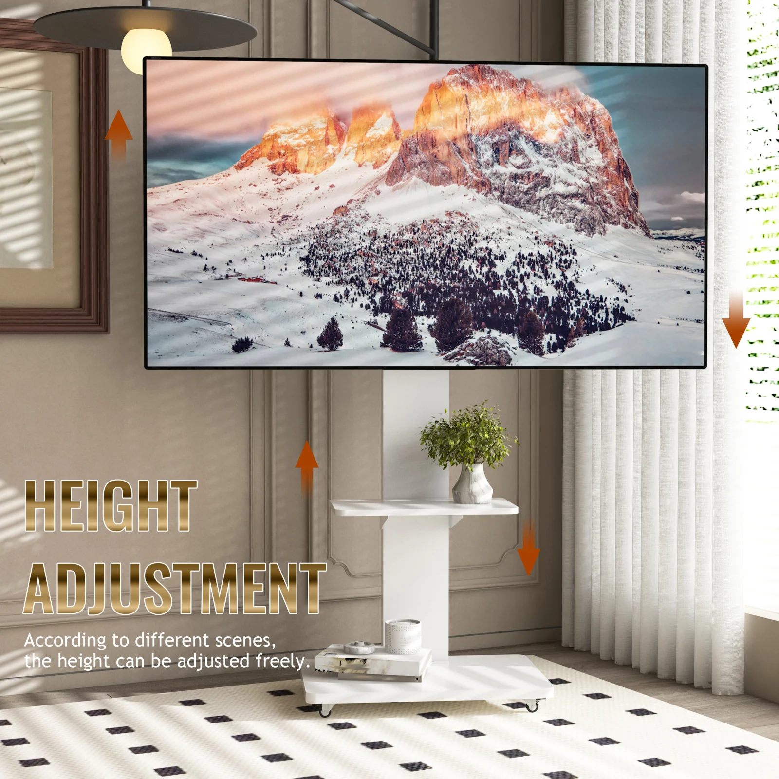Tv Stand with Shelf for Living Room, Bedroom,offices,mobile Tv Cart for 32-75 Inches,floor Stand with Mount on Lockable Wheels,white
