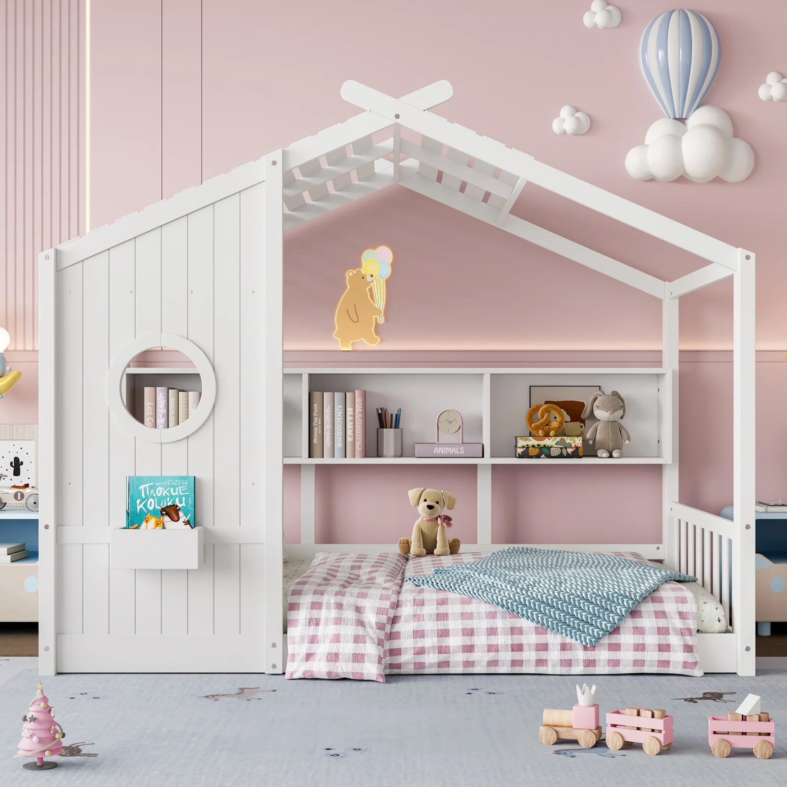 Twin Size Floor House Bed for Toddler, Kids Montessori Bed with Storage Shelf, Playhouse Bed with Roof Design, White