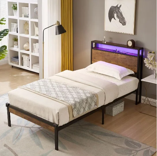 Twin Size Metal Platform Bed Frame with Wooden Headboard and Footboard with Usb Liner