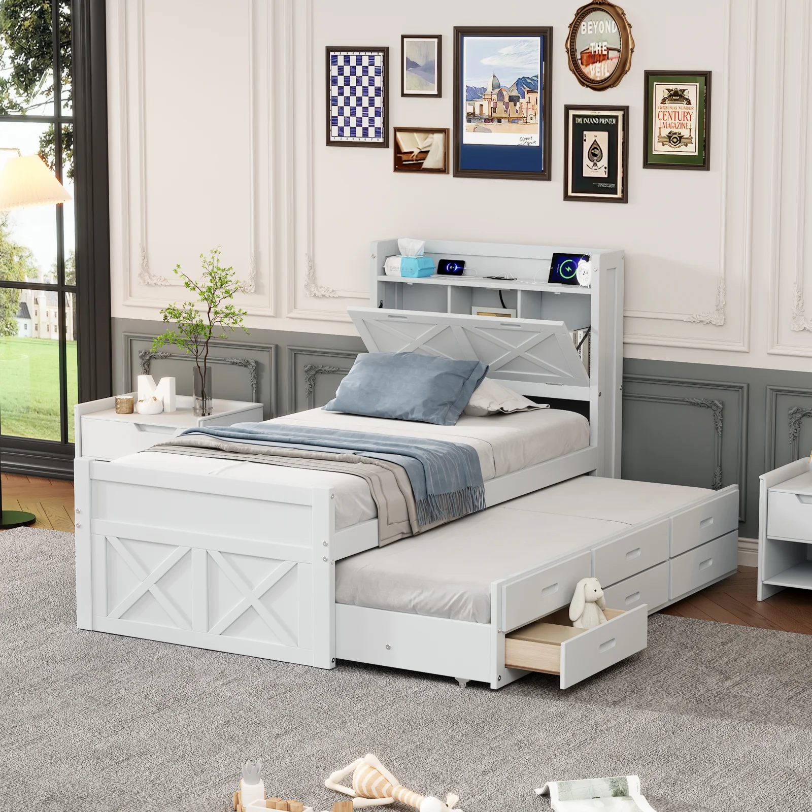 Twin Size Wooden Bed with Storage Headboard with Outlets, Extendable Bed with Twin Size Trundle with Three Storage Drawers,white
