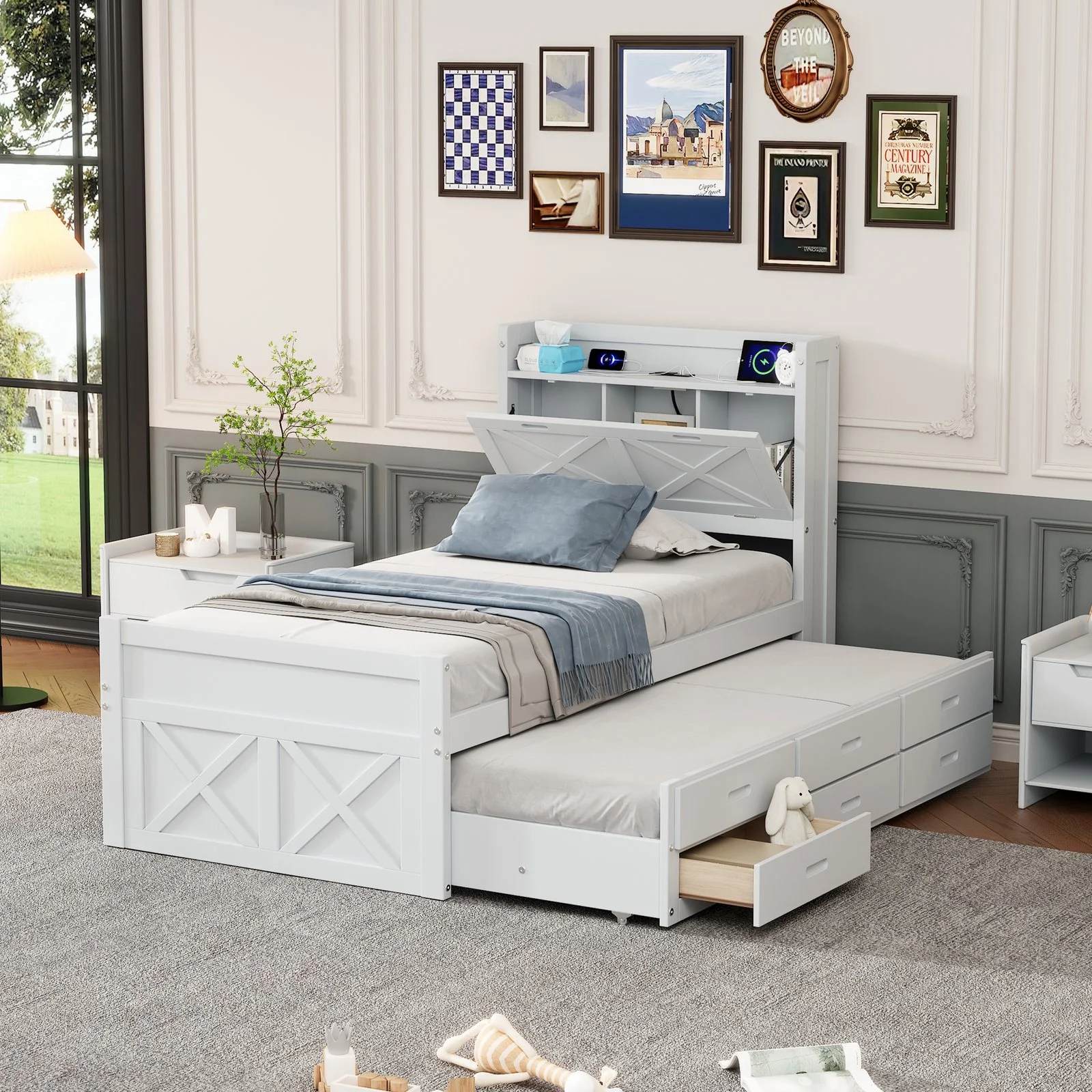 Twin Size Wooden Bed with Storage Headboard with Outlets, Extendable Bed with Twin Size Trundle with Three Storage Drawers,white