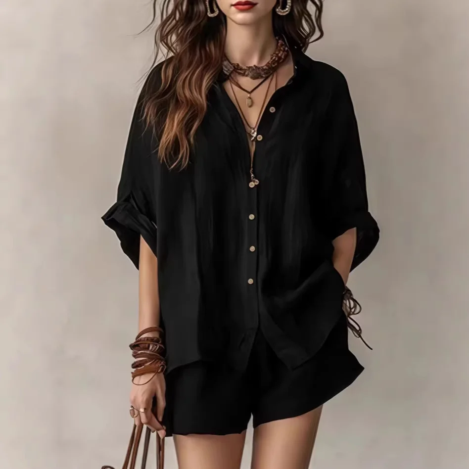 Two-piece Set Womens Casual Summer Single-breasted Short-sleeved Shirt Wide-leg Shorts for Daily Wear Work Holiday Outfits