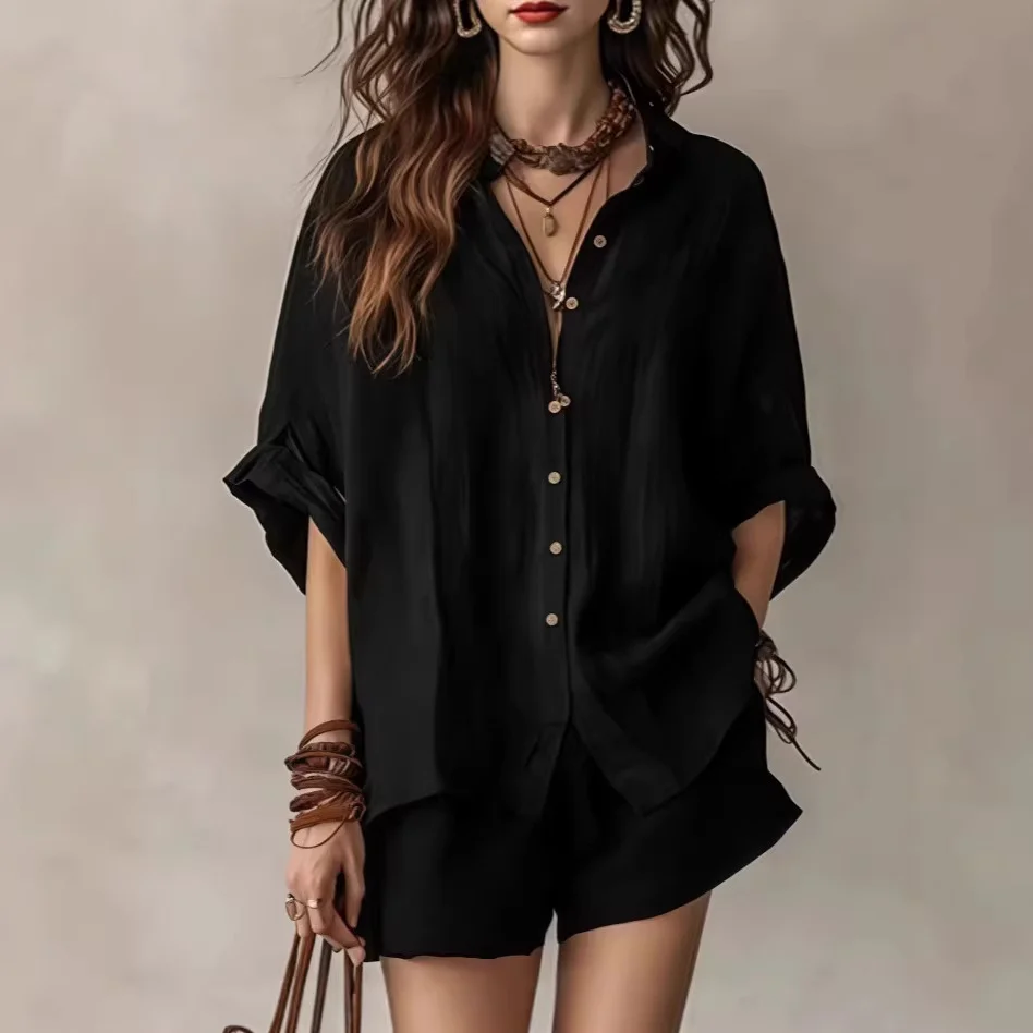 Two-piece Set Womens Casual Summer Single-breasted Short-sleeved Shirt Wide-leg Shorts for Daily Wear Work Holiday Outfits
