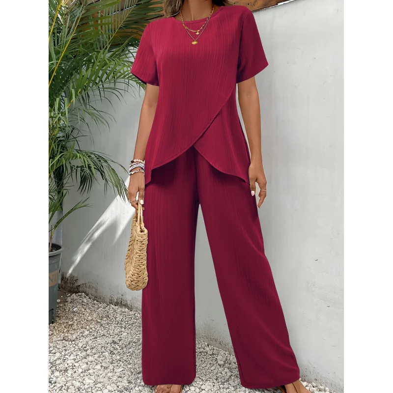 Two-piece Short Sleeve Pullover Round Neck Loose Casual Irregular