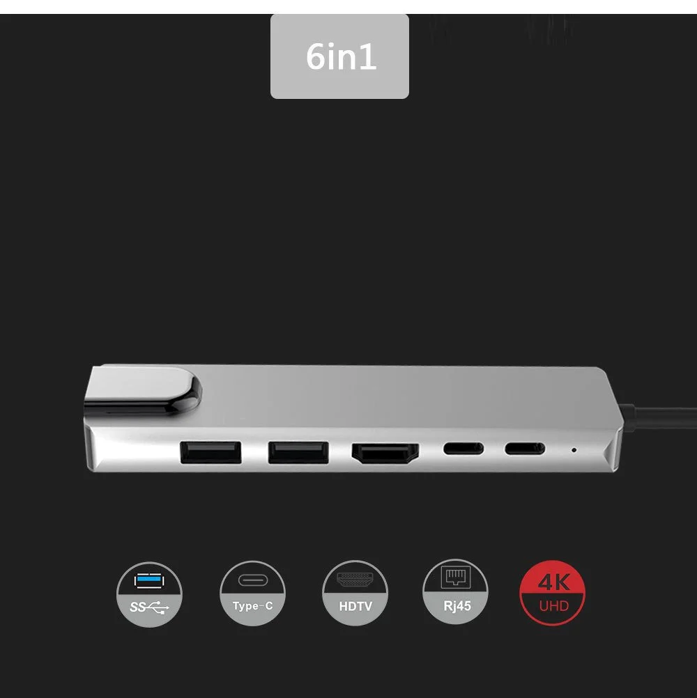 Type C to Hdmi Usb3.0 Pd 6 in 1 Hub Hub Rj45 Network Card Adapter
