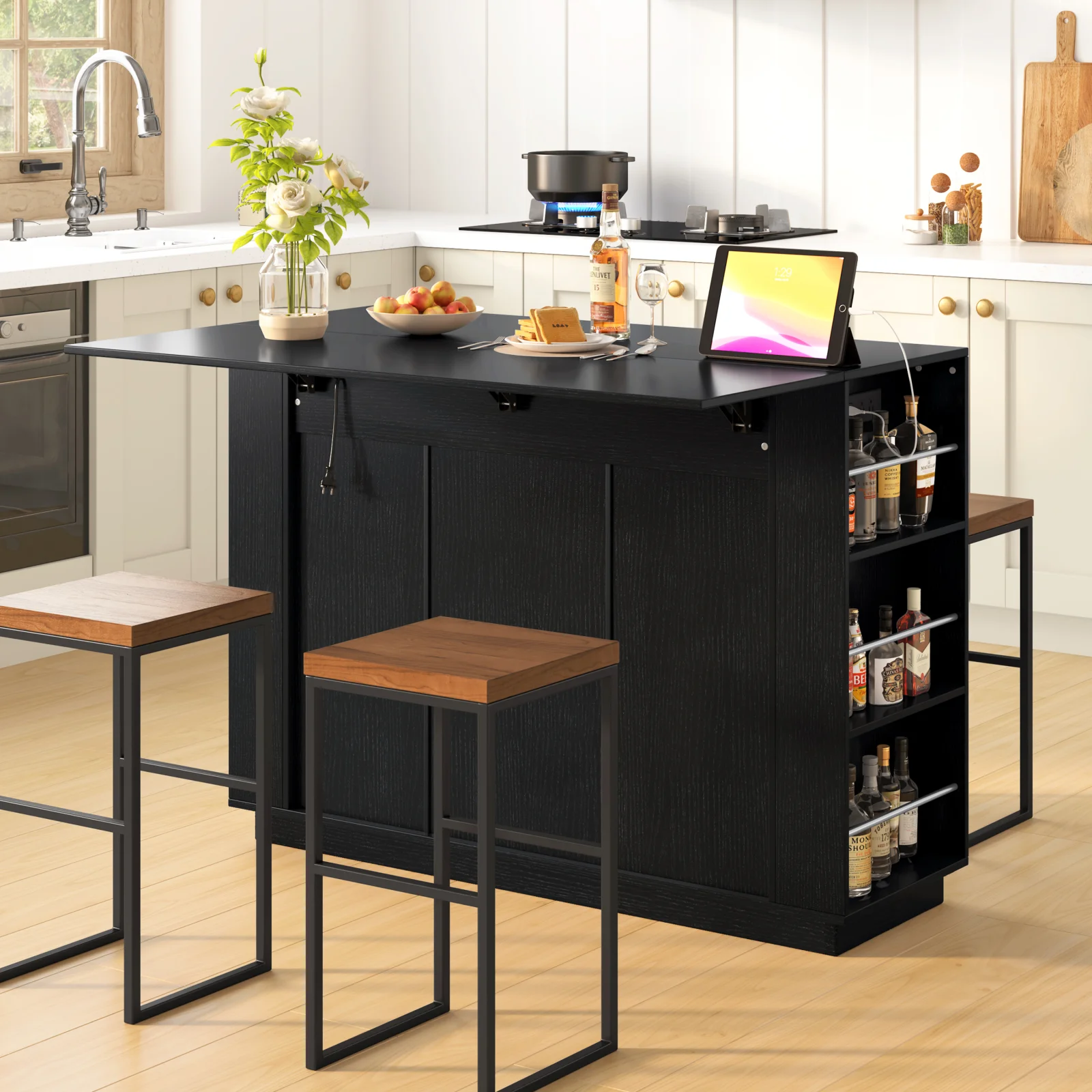 U-style 47.2 Kitchen Island with Drop Leaf & Power Outlet Wine Bar Cabinet with Bottle Rack & Glass Holder Coffee Bar 2- Door Buffet Sideboard with Side Shelves Melamine Mdf