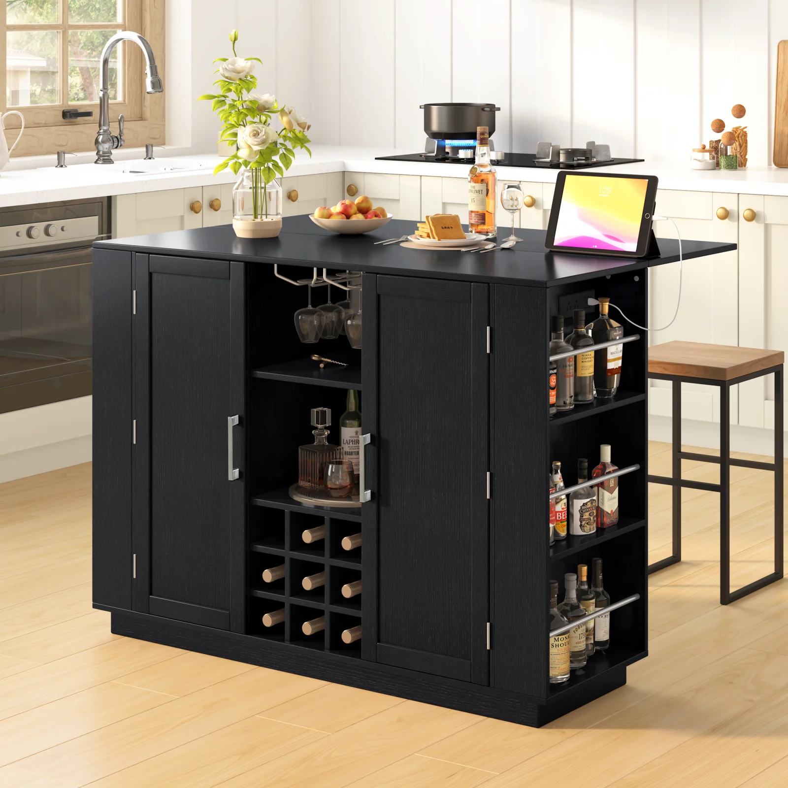 U-style 47.2 Kitchen Island with Drop Leaf & Power Outlet Wine Bar Cabinet with Bottle Rack & Glass Holder Coffee Bar 2- Door Buffet Sideboard with Side Shelves Melamine Mdf