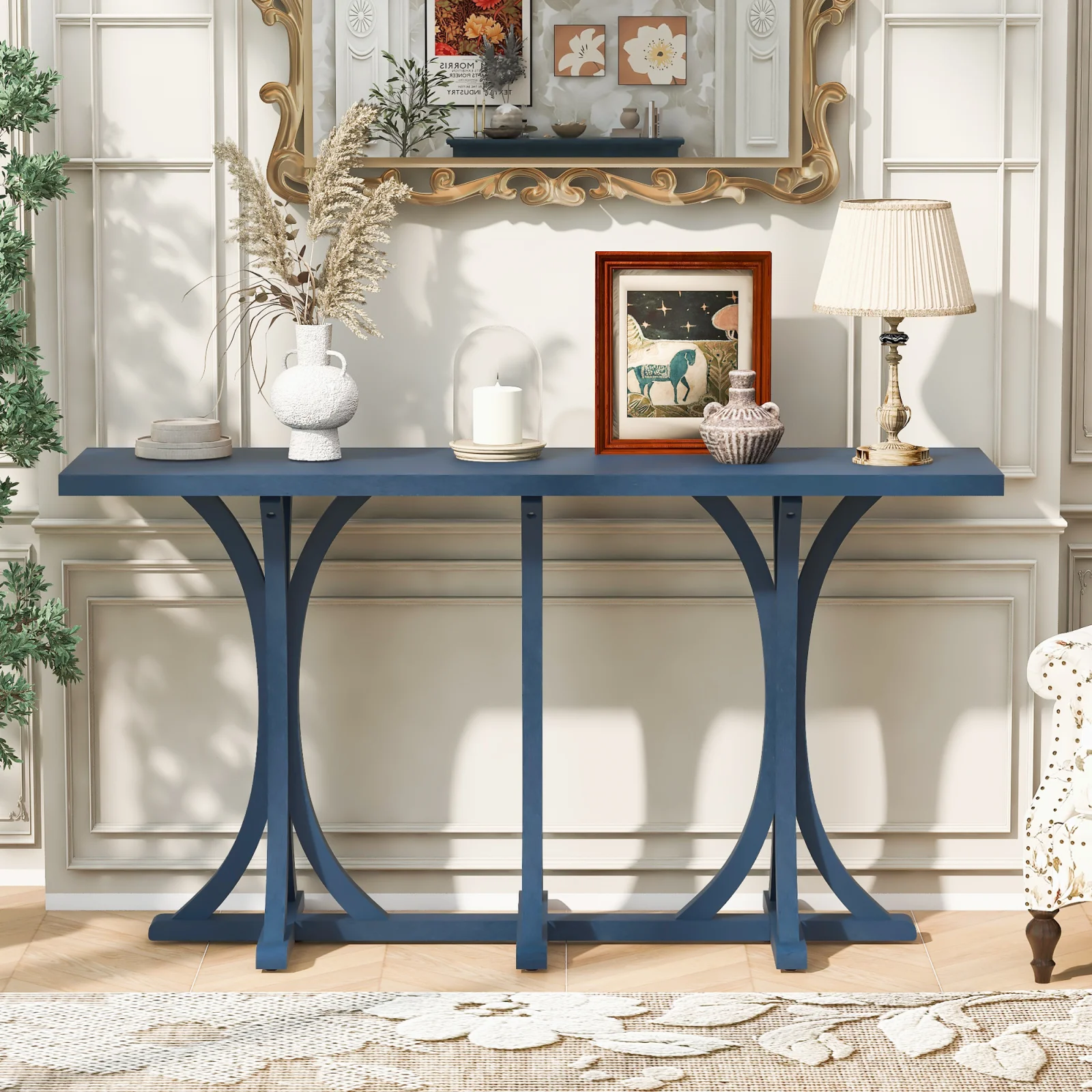 U- Style 59.8 Wooden Console Table with Oak Veneer Top Farmhouse Entryway Table with Rubber Wood Slender Curved Legs Perfect for Living Room Entryway Hallway Dining Spaces.