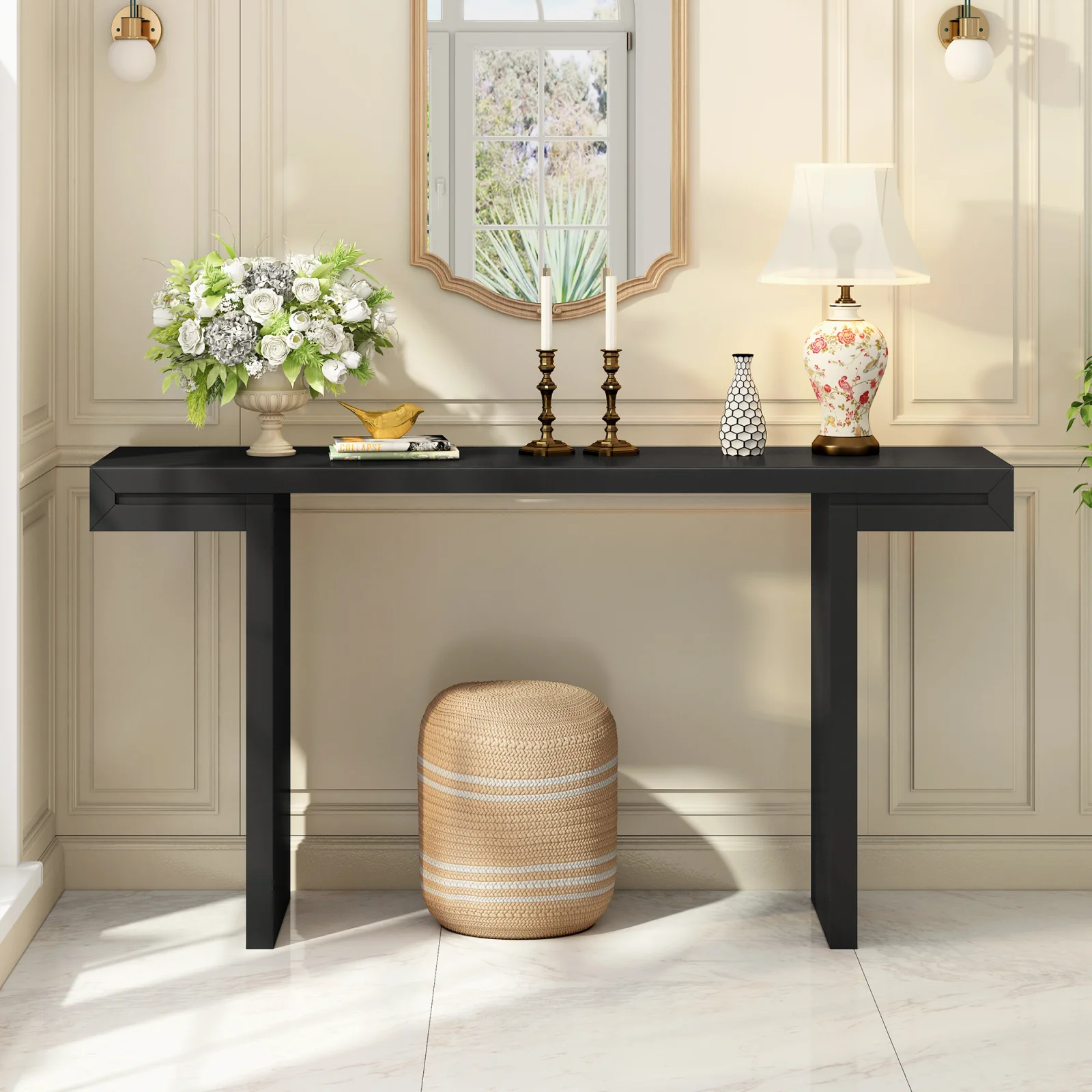 U- Style Large 60- Inch Console Table with Geometric Clean Lines Design Stylish Entryway Table with Painted Finish and Adjustable Feet Suitable for Living Room Entryway Hallway.