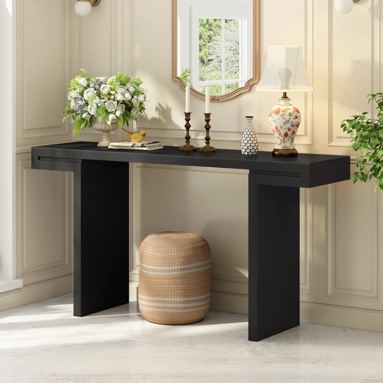 U- Style Large 60- Inch Console Table with Geometric Clean Lines Design Stylish Entryway Table with Painted Finish and Adjustable Feet Suitable for Living Room Entryway Hallway.