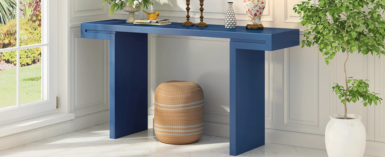 U- Style Large 60- Inch Console Table with Geometric Clean Lines Design Stylish Entryway Table with Painted Finish and Adjustable Feet Suitable for Living Room Entryway Hallway.