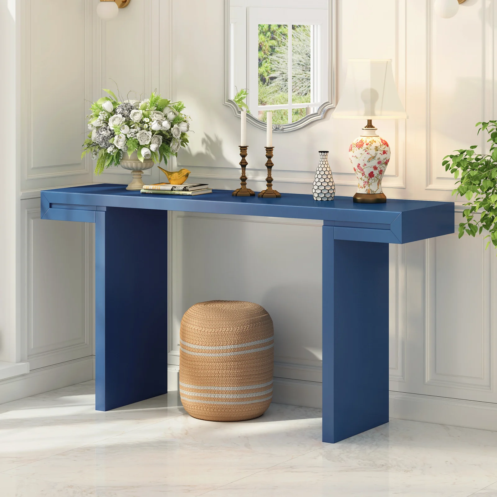 U- Style Large 60- Inch Console Table with Geometric Clean Lines Design Stylish Entryway Table with Painted Finish and Adjustable Feet Suitable for Living Room Entryway Hallway.