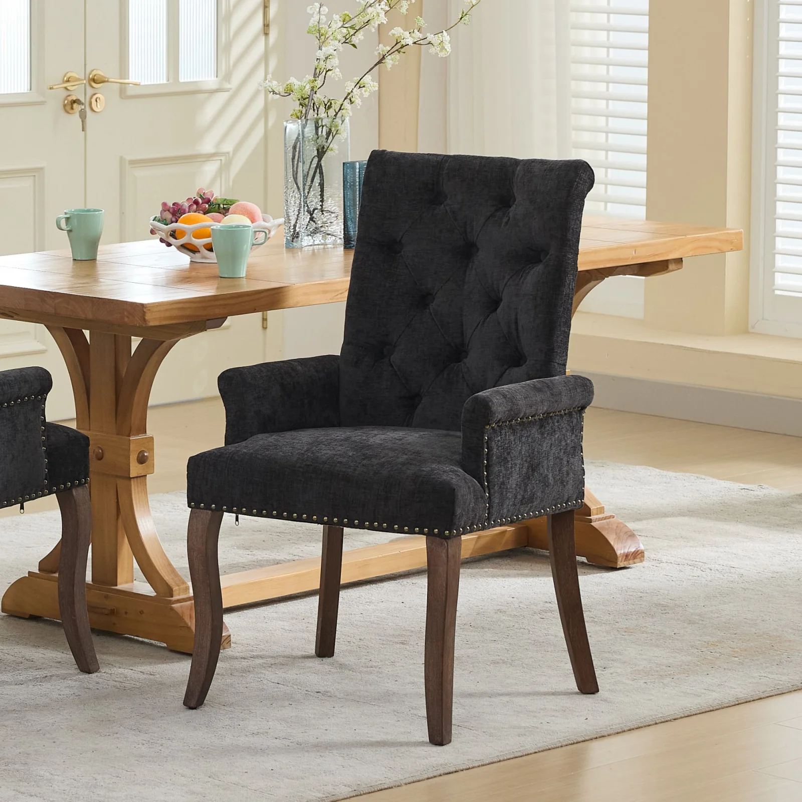 Upholstered Chenille Fabric Accent Dining Chair, Curved Solid Wood Legs, Elegant Tufted Club Dining Room Kitchen Room Arm Dining Chair, Single Pack,black,sw1895bk