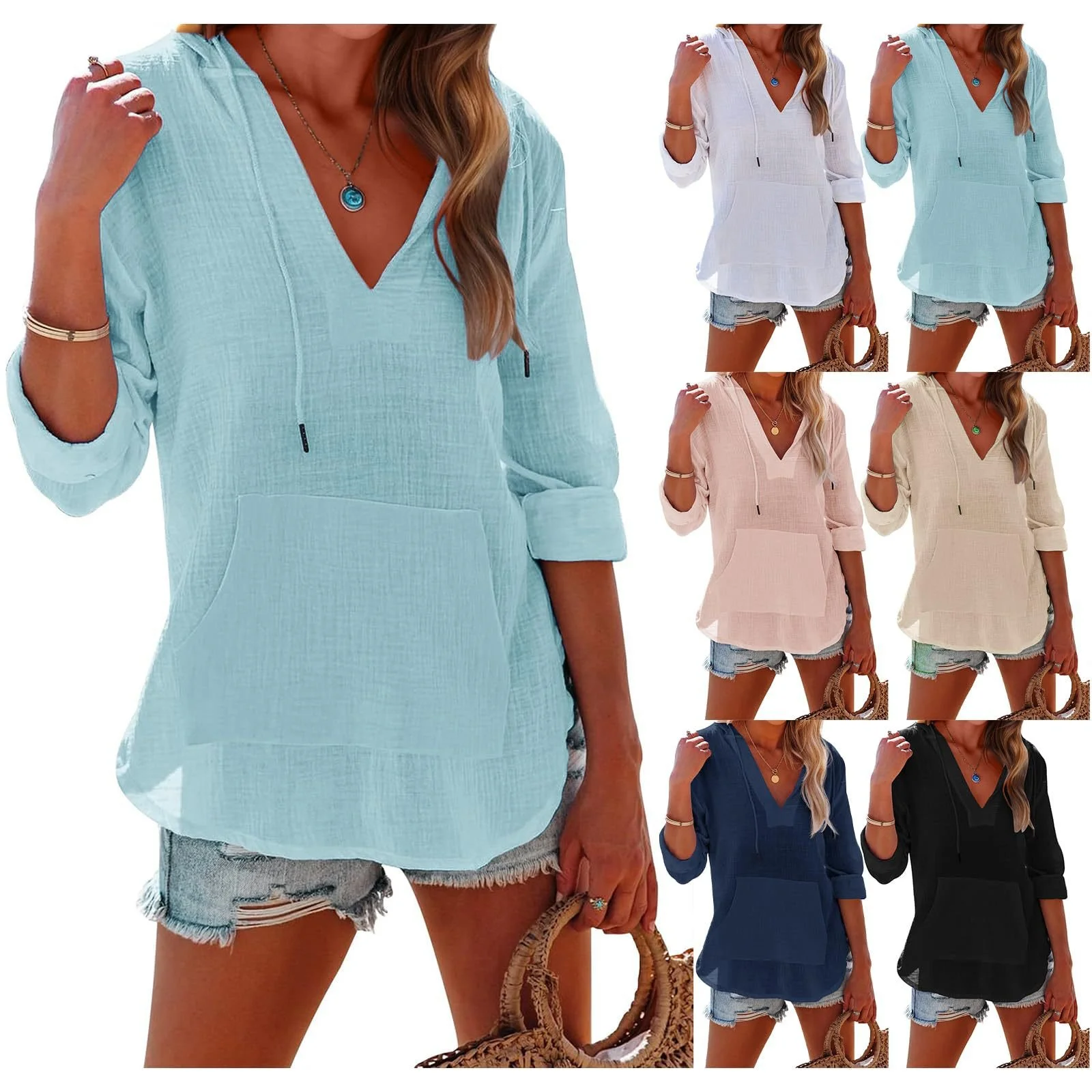 V-neck Hooded Shirt with Pockets Fashion Sports Long-sleeved Split Shirts Tops for Women Clothing