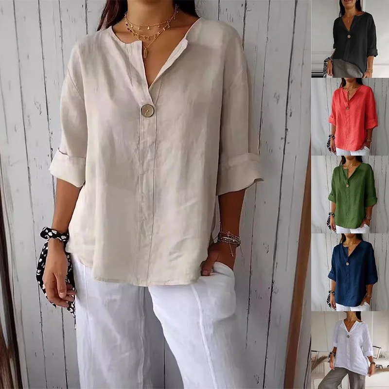 V-neck Long-sleeved T-shirt Fashion Loose Cotton and Linen Button Tops for Women
