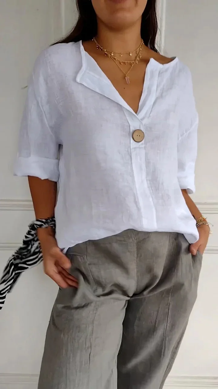 V-neck Long-sleeved T-shirt Fashion Loose Cotton and Linen Button Tops for Women